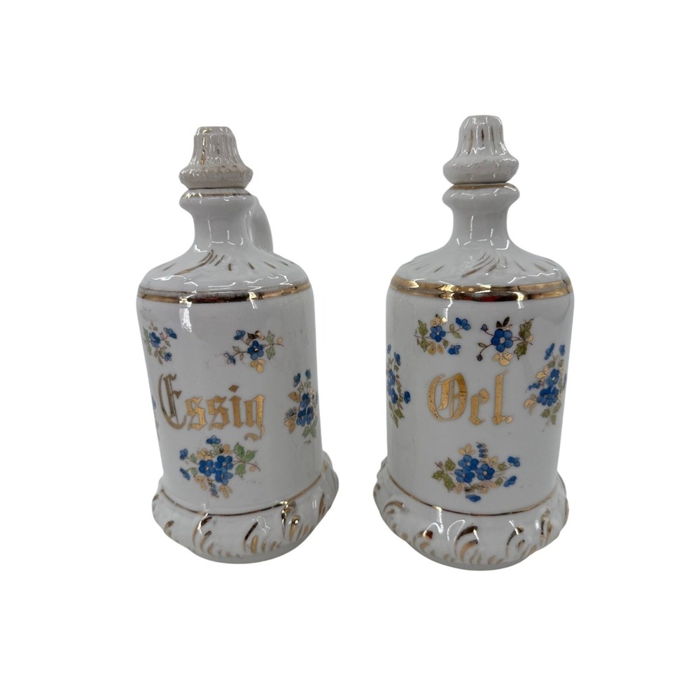 German Ceramic Oil & Vinegar Dispenser Set Blue‎ Floral Design Gold Accents